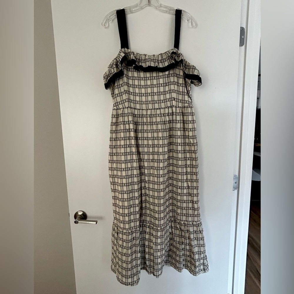 Loft plaid ruffle square neck midi dress